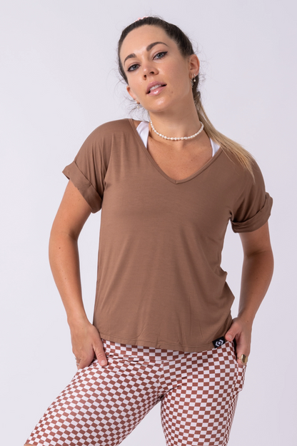 Chocolate Slinky To Touch - V Neck Cuffed Sleeve Tee