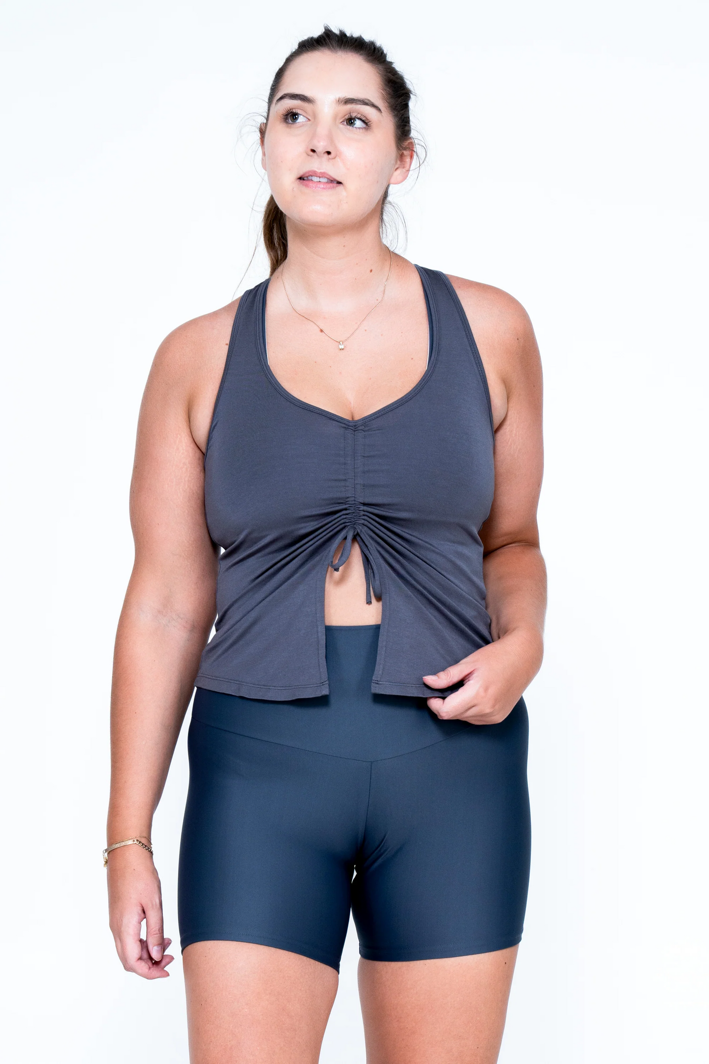 Dark Charcoal Slinky To Touch - Racer Back Tank Top W/ Cinched Front