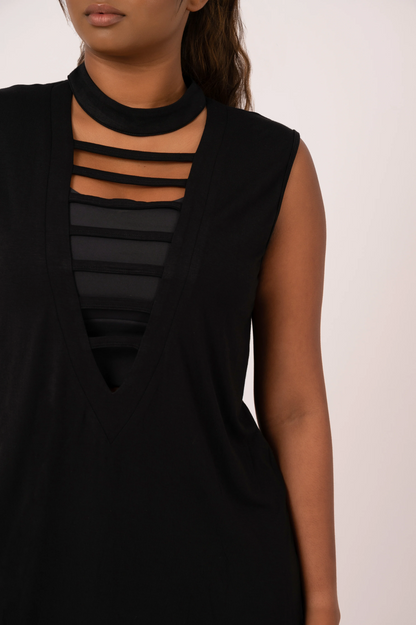 Black Slinky To Touch - Ladder V Front Sleeveless Boyfriend Tee