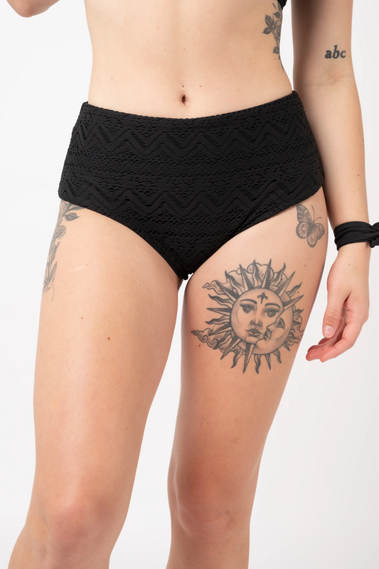 Black Bohemian Lace - High Waisted Extra Coverage Bikini Bottoms