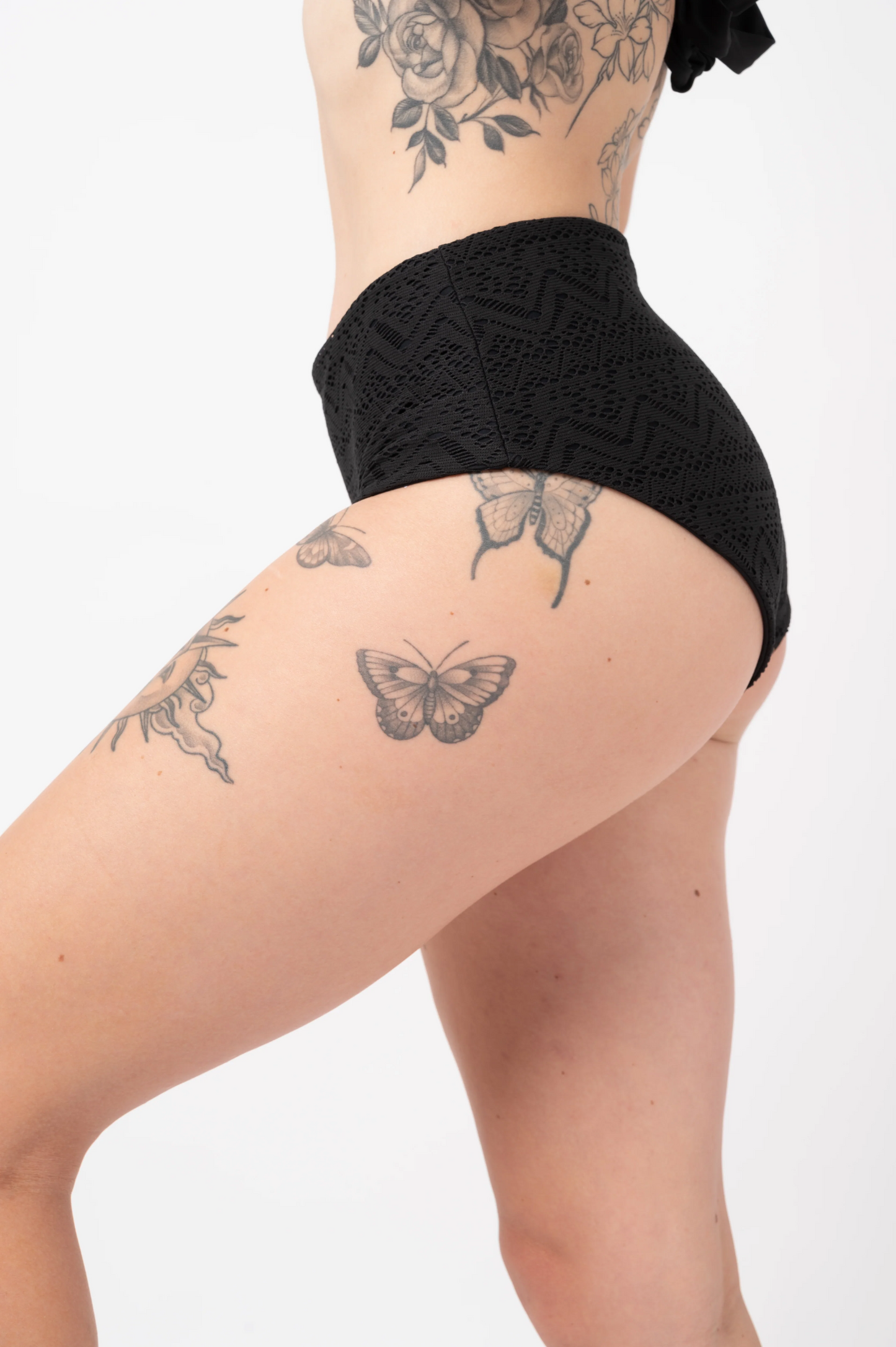 Black Bohemian Lace - High Waisted Extra Coverage Bikini Bottoms