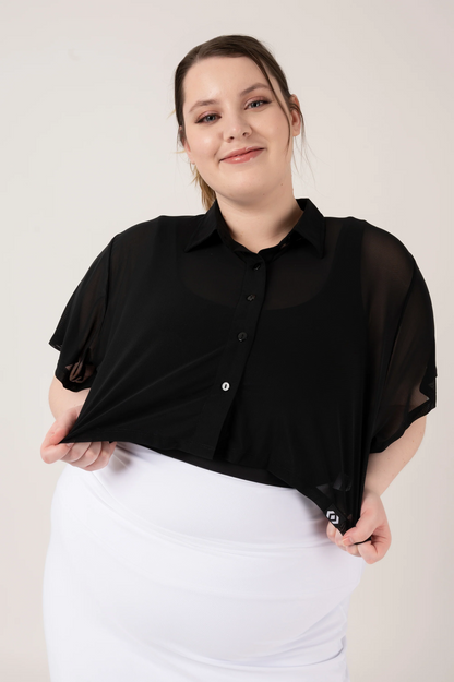 Black Net - Cropped Button Up Blouse