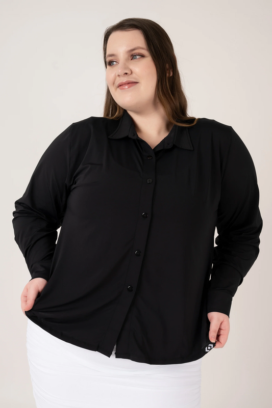 Black Slinky Silky - Button Up Long Sleeve Blouse