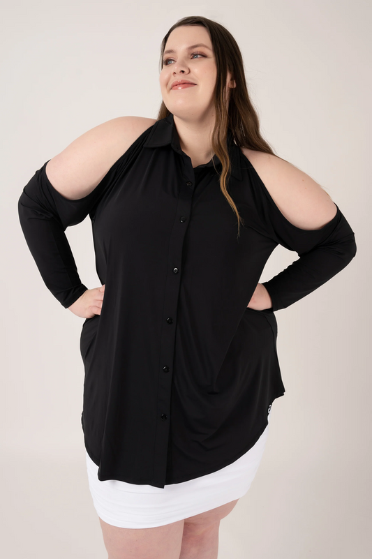 Black Slinky Silky - Button Up Cold Shoulder Boyfriend Tee