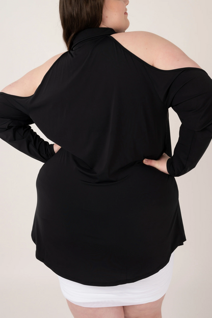 Black Slinky Silky - Button Up Cold Shoulder Boyfriend Tee