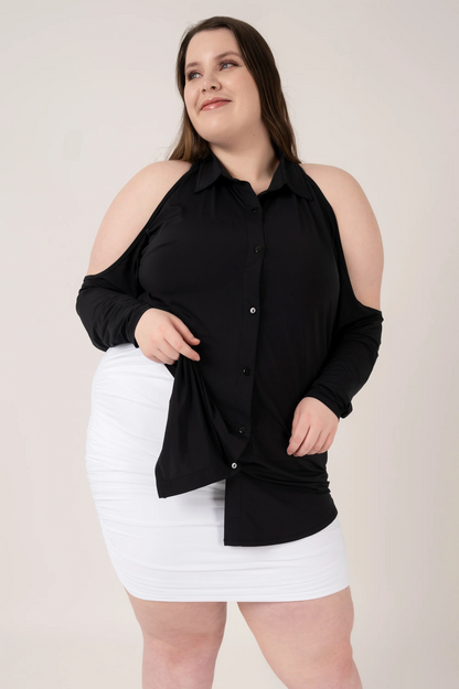 Black Slinky Silky - Button Up Cold Shoulder Boyfriend Tee