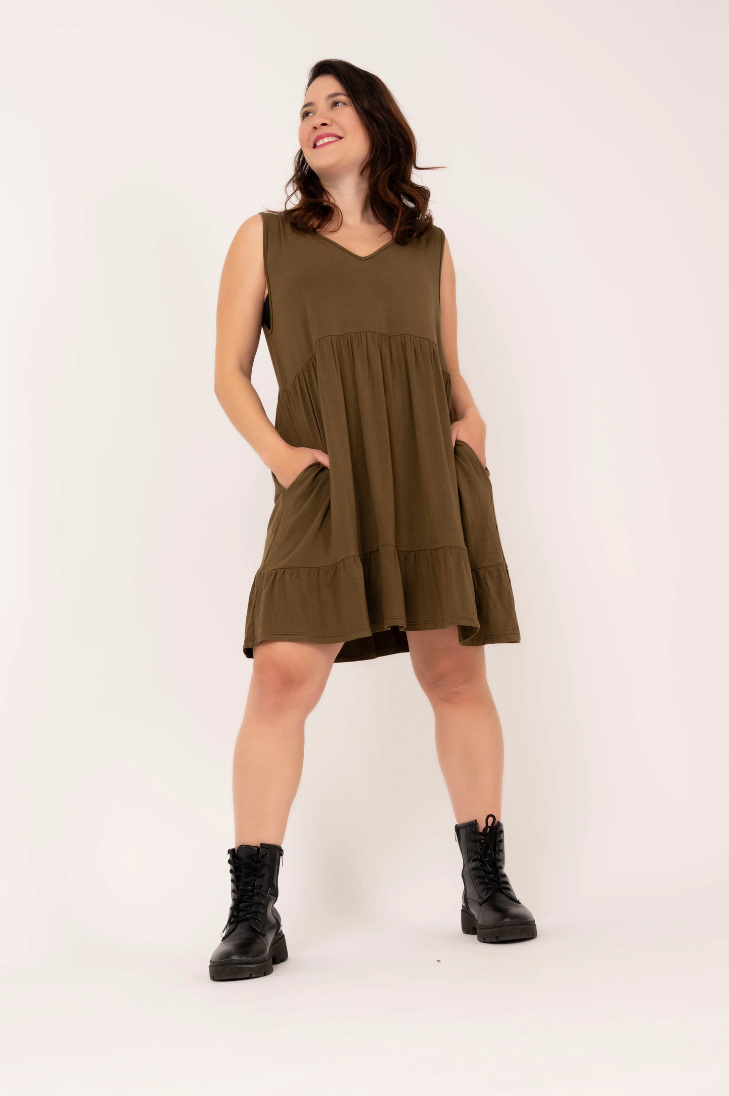 Dark Khaki Slinky To Touch - Sleeveless Baby Doll Tiered V Neck Mini Dress