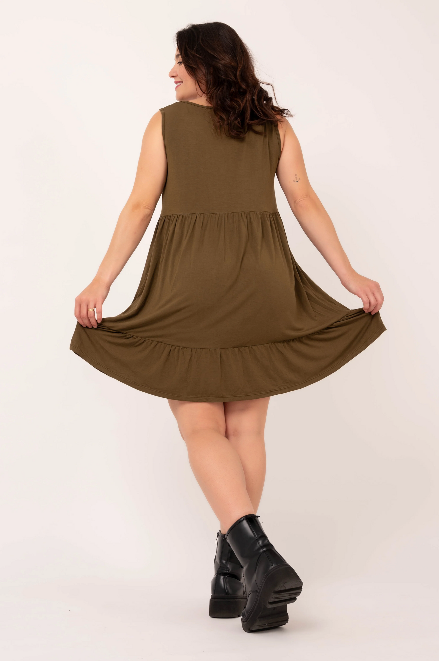 Dark Khaki Slinky To Touch - Sleeveless Baby Doll Tiered V Neck Mini Dress