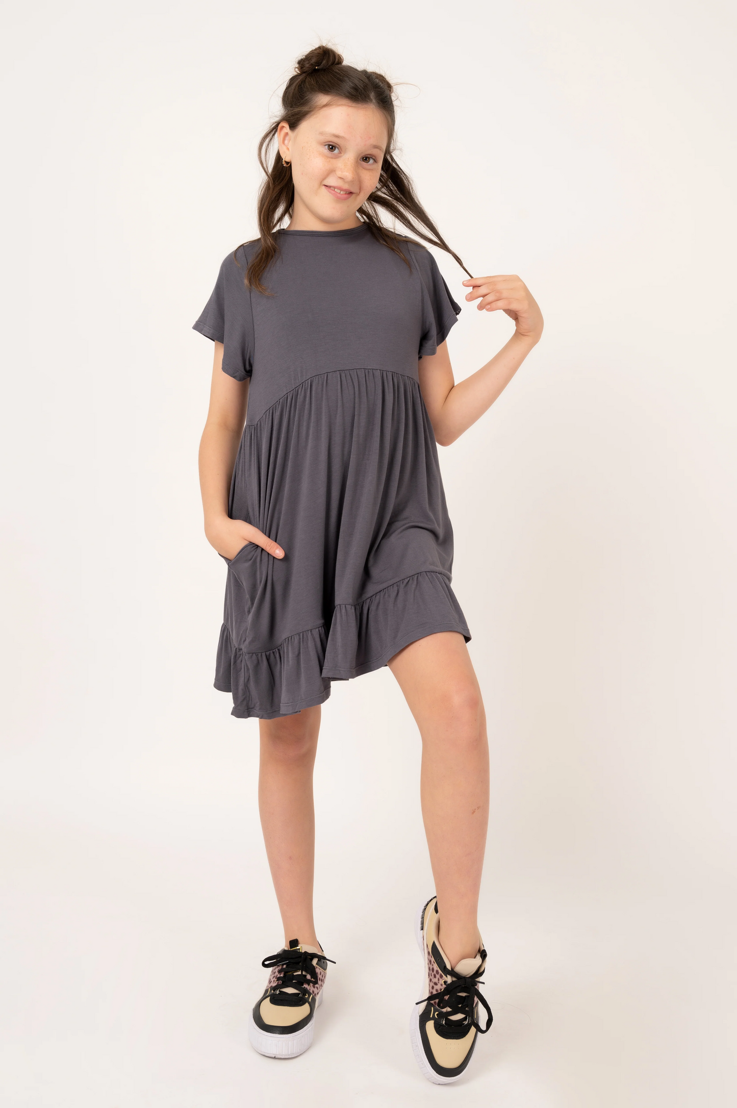 Dark Charcoal Slinky To Touch - Kids Baby Doll Tiered Mini Dress