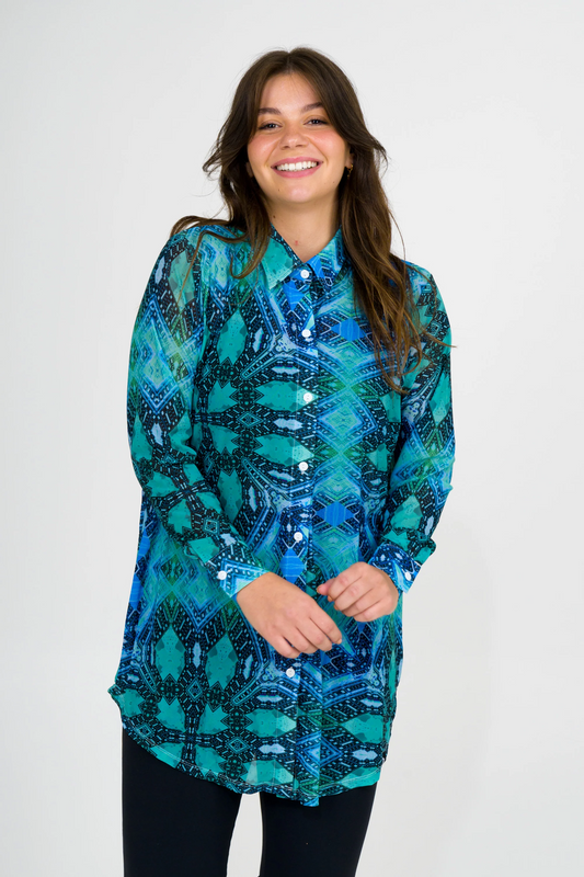 Enchantment Aqua Net - Long Sleeve Button Up Boyfriend Tee