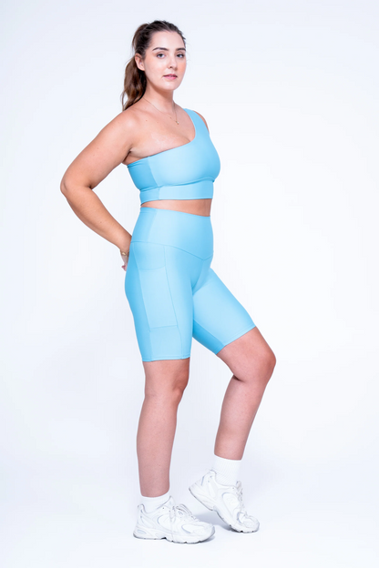 Dusty Pale Blue Performance - Panel Pocket High Waisted Long Shorts