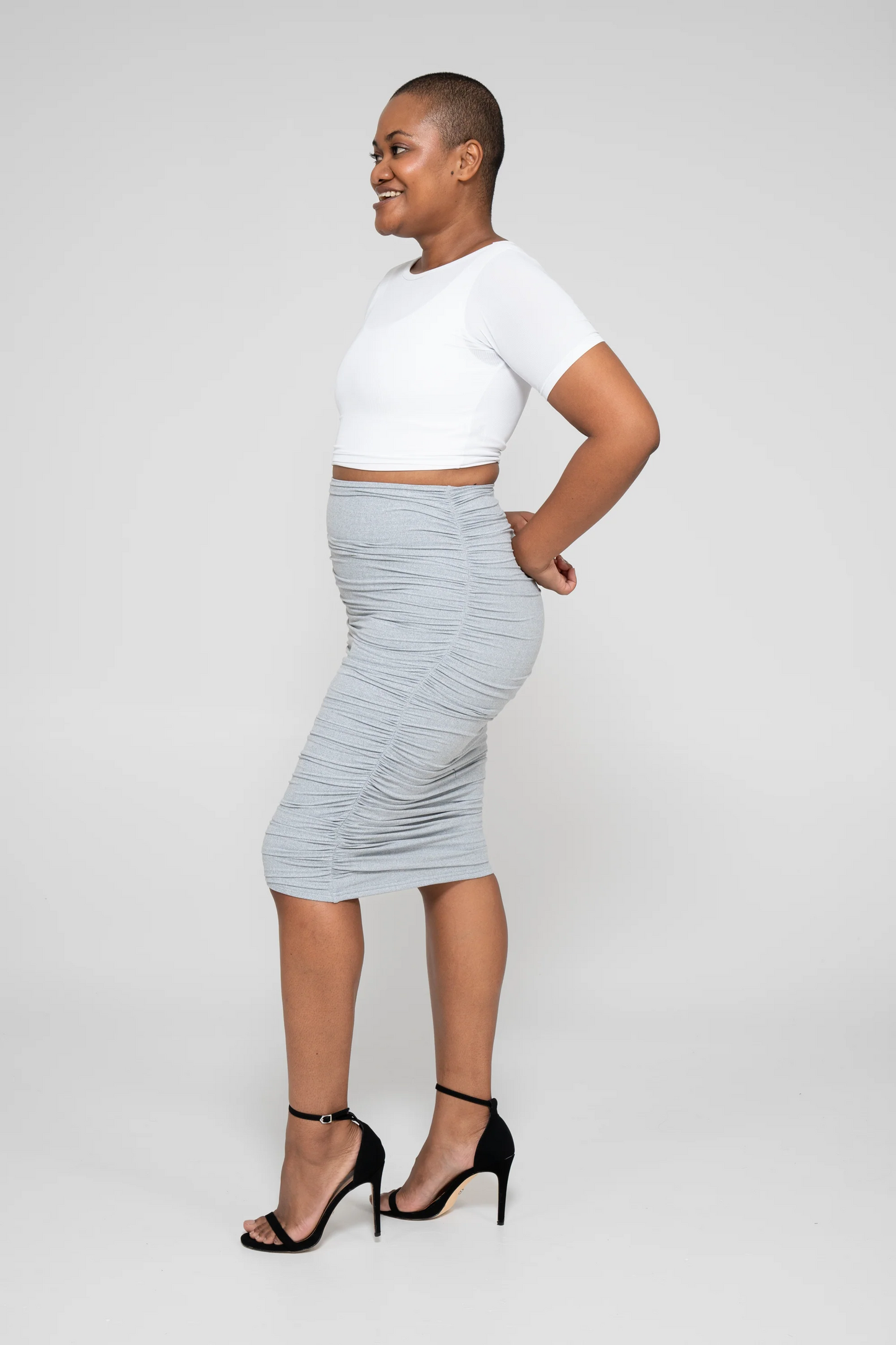 Heather Grey Soft to Touch - Ruched Midi Skirt