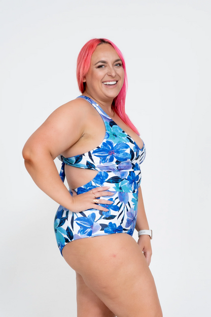 Late Bloomer Blue Performance - Deep V One Piece W/ Extra Coverage Bottoms