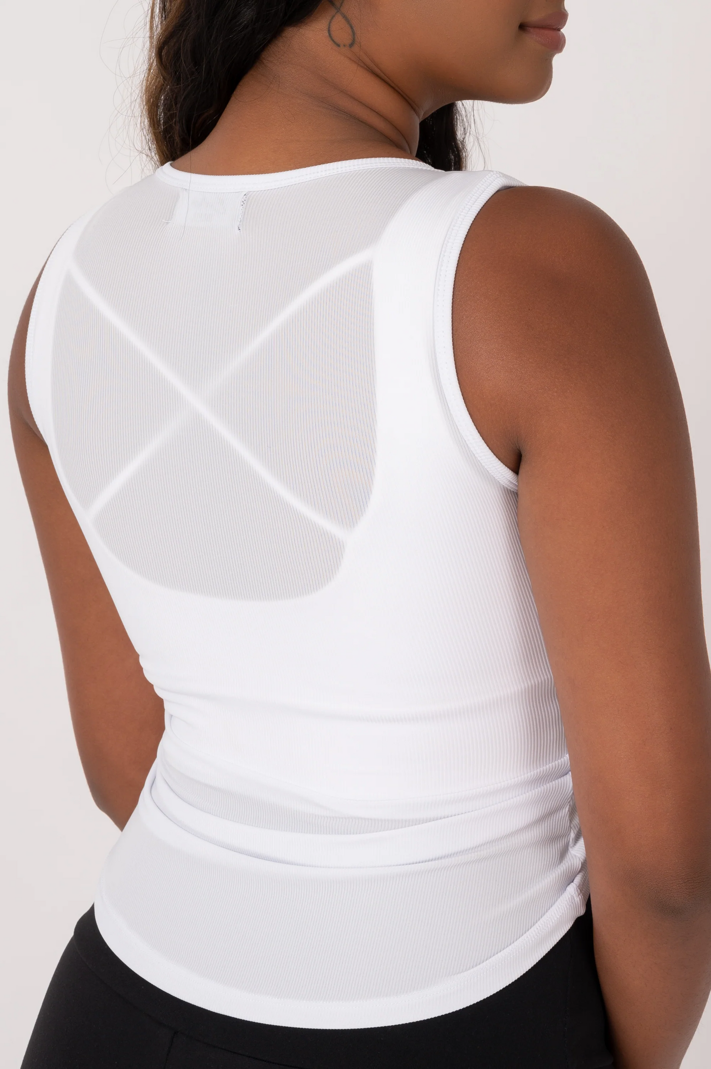 White Rib Knit - Cinched Front Fitted V Neck Tank