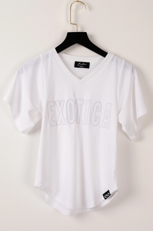 White Bball Mesh - Kids V Neck Exotica Embroidered Boyfriend Tee