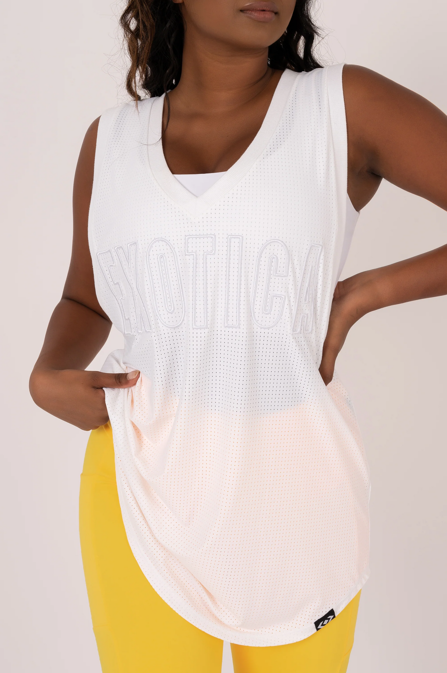 White Bball Mesh - Sleeveless V Neck Exotica White Embroidered Boyfriend Tee