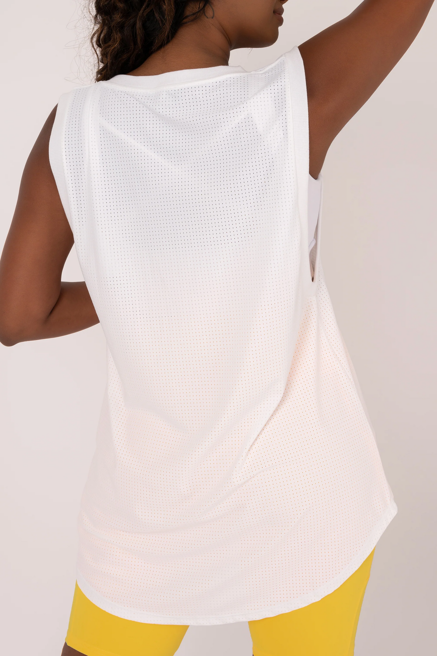 White Bball Mesh - Sleeveless V Neck Exotica White Embroidered Boyfriend Tee