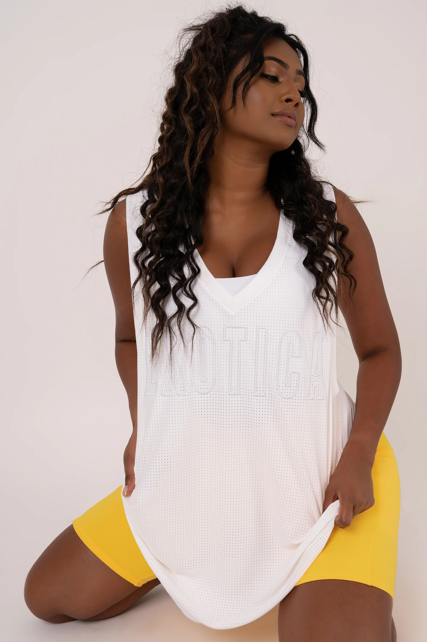 White Bball Mesh - Sleeveless V Neck Exotica White Embroidered Boyfriend Tee