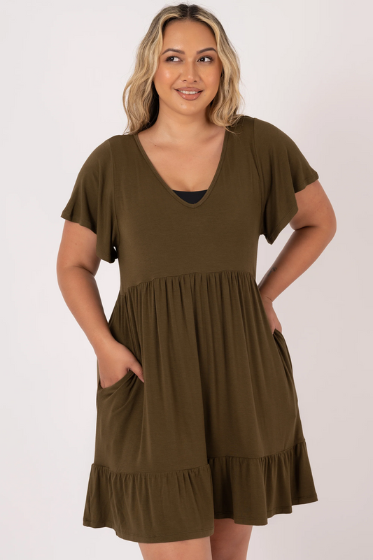 Dark Khaki Slinky To Touch - Baby Doll V Neck Tiered Mini Dress