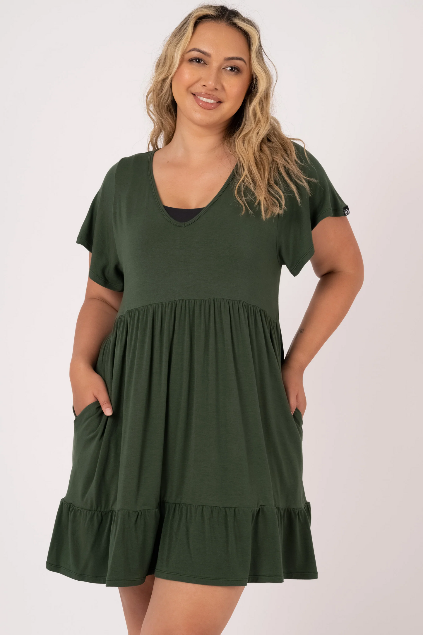 Dark Emerald Slinky To Touch - Baby Doll V Neck Tiered Mini Dress