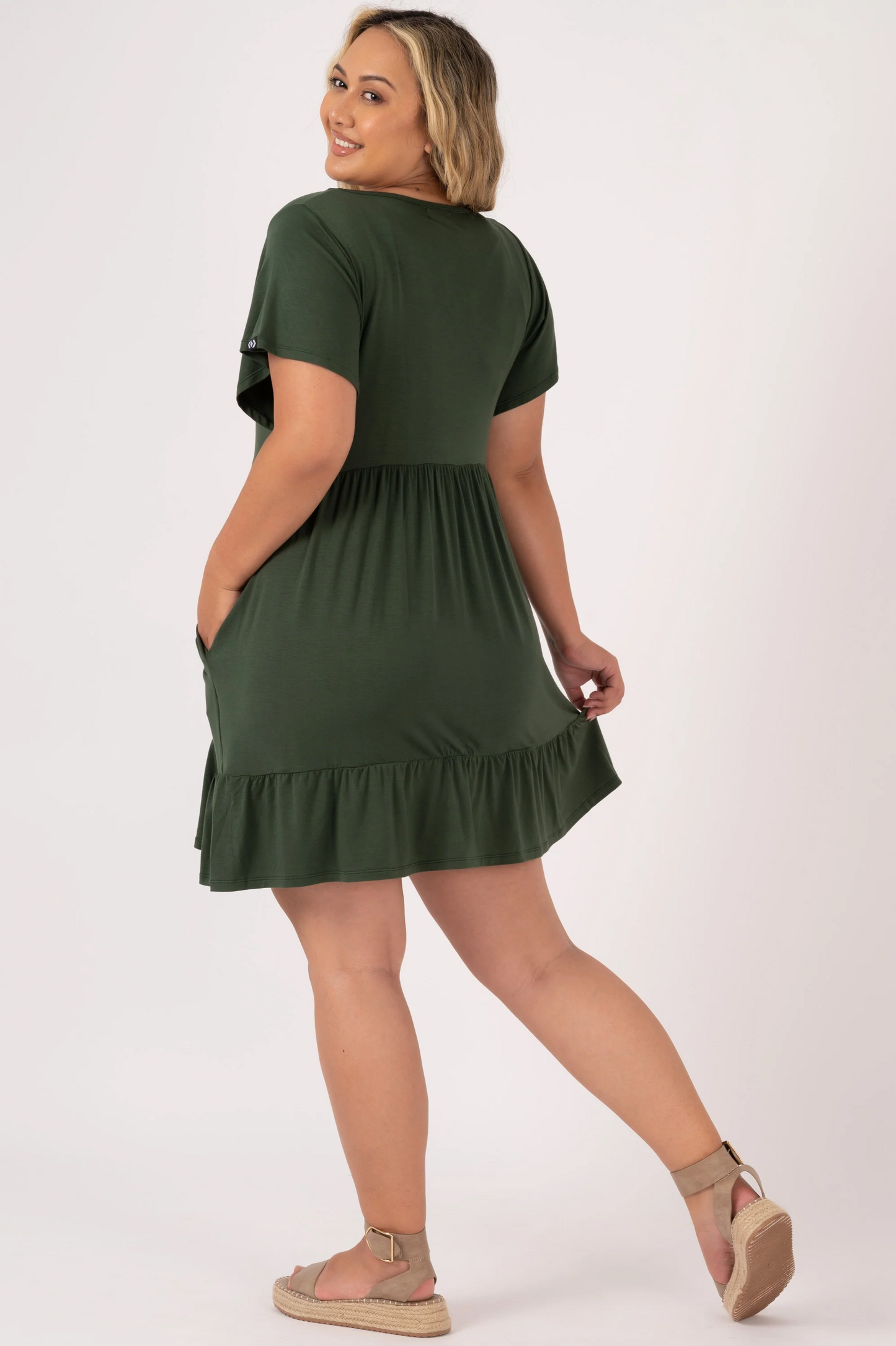 Dark Emerald Slinky To Touch - Baby Doll V Neck Tiered Mini Dress