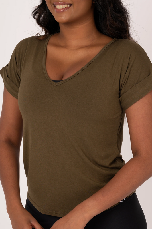 Dark Khaki Slinky To Touch - V Neck Cuffed Sleeve Tee