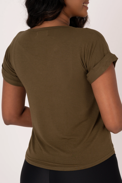 Dark Khaki Slinky To Touch - V Neck Cuffed Sleeve Tee