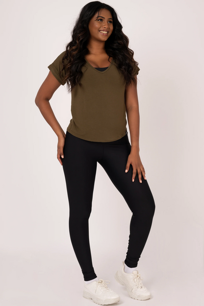 Dark Khaki Slinky To Touch - V Neck Cuffed Sleeve Tee