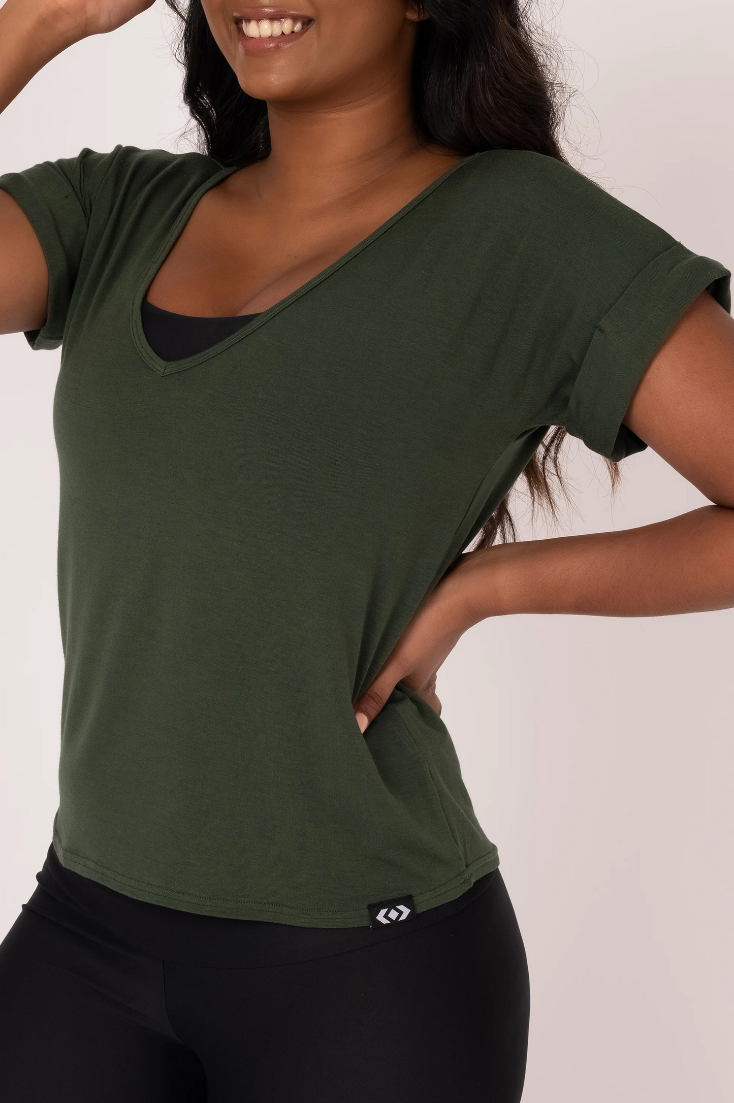 Dark Emerald Slinky To Touch - V Neck Cuffed Sleeve Tee