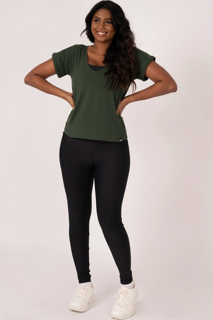 Dark Emerald Slinky To Touch - V Neck Cuffed Sleeve Tee