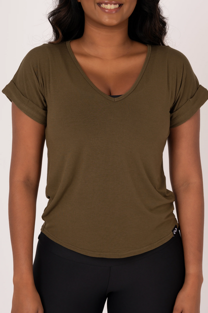 Dark Khaki Slinky To Touch - V Neck Cuffed Sleeve Tee