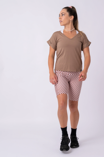 Mocha Slinky To Touch - V Neck Cuffed Sleeve Tee