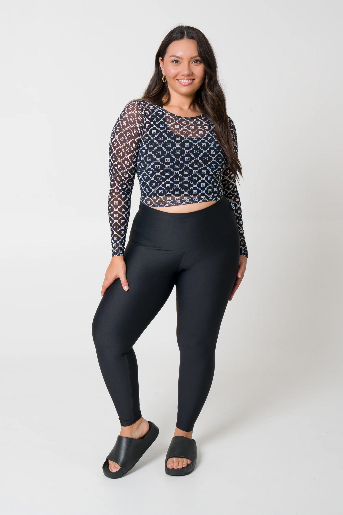 Monogram Black Net - Fitted Cropped Long Sleeve Tee