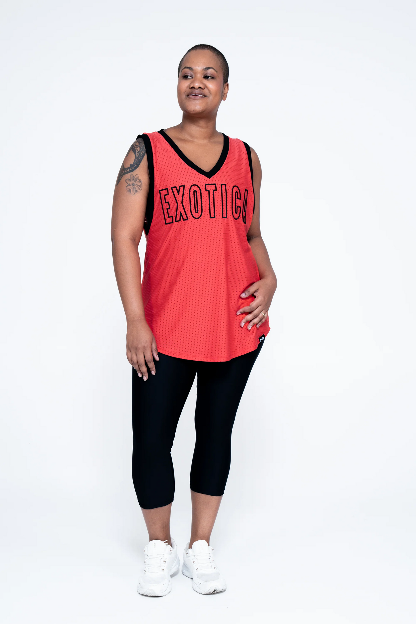 Orange Bball Mesh - Sleeveless V Neck Exotica Black Embroidered Boyfriend Tee