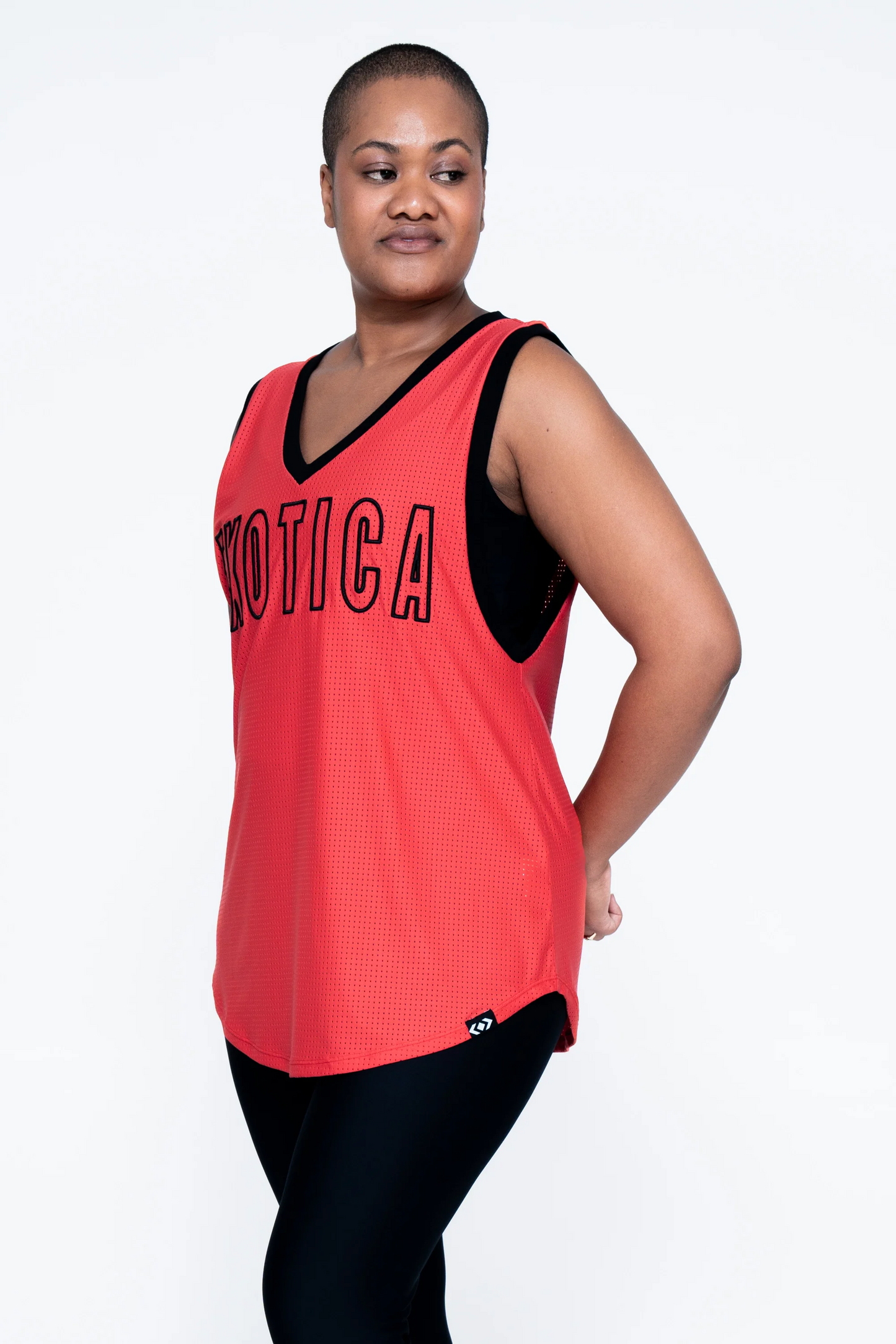 Orange Bball Mesh - Sleeveless V Neck Exotica Black Embroidered Boyfriend Tee