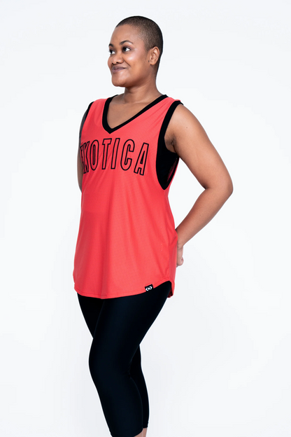 Orange Bball Mesh - Sleeveless V Neck Exotica Black Embroidered Boyfriend Tee