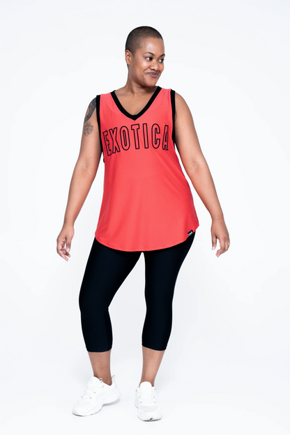 Orange Bball Mesh - Sleeveless V Neck Exotica Black Embroidered Boyfriend Tee