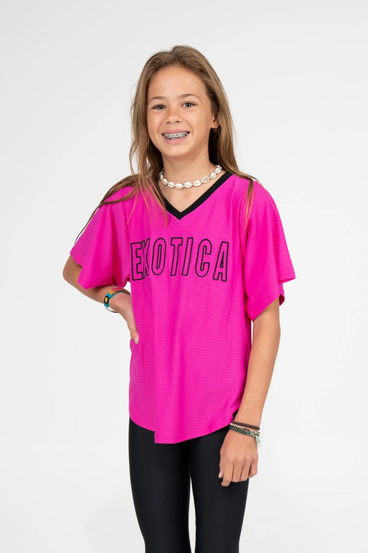 Pink Bball Mesh - Kids V Neck Exotica Black Embroidered Boyfriend Tee