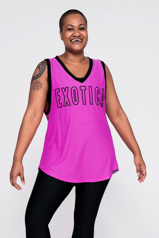 Pink Bball Mesh - Sleeveless V Neck Exotica Black Embroidered Boyfriend Tee