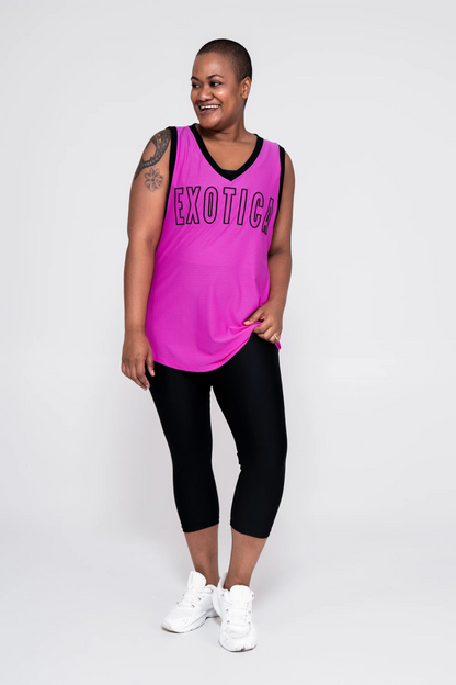 Pink Bball Mesh - Sleeveless V Neck Exotica Black Embroidered Boyfriend Tee