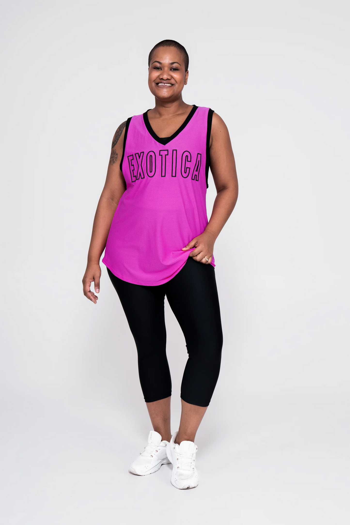 Pink Bball Mesh - Sleeveless V Neck Exotica Black Embroidered Boyfriend Tee