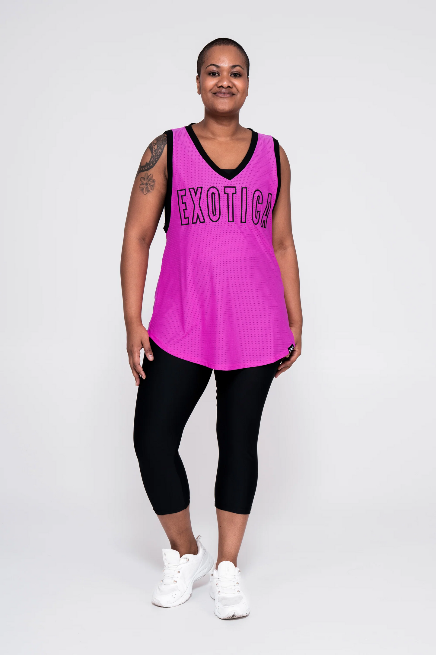 Pink Bball Mesh - Sleeveless V Neck Exotica Black Embroidered Boyfriend Tee