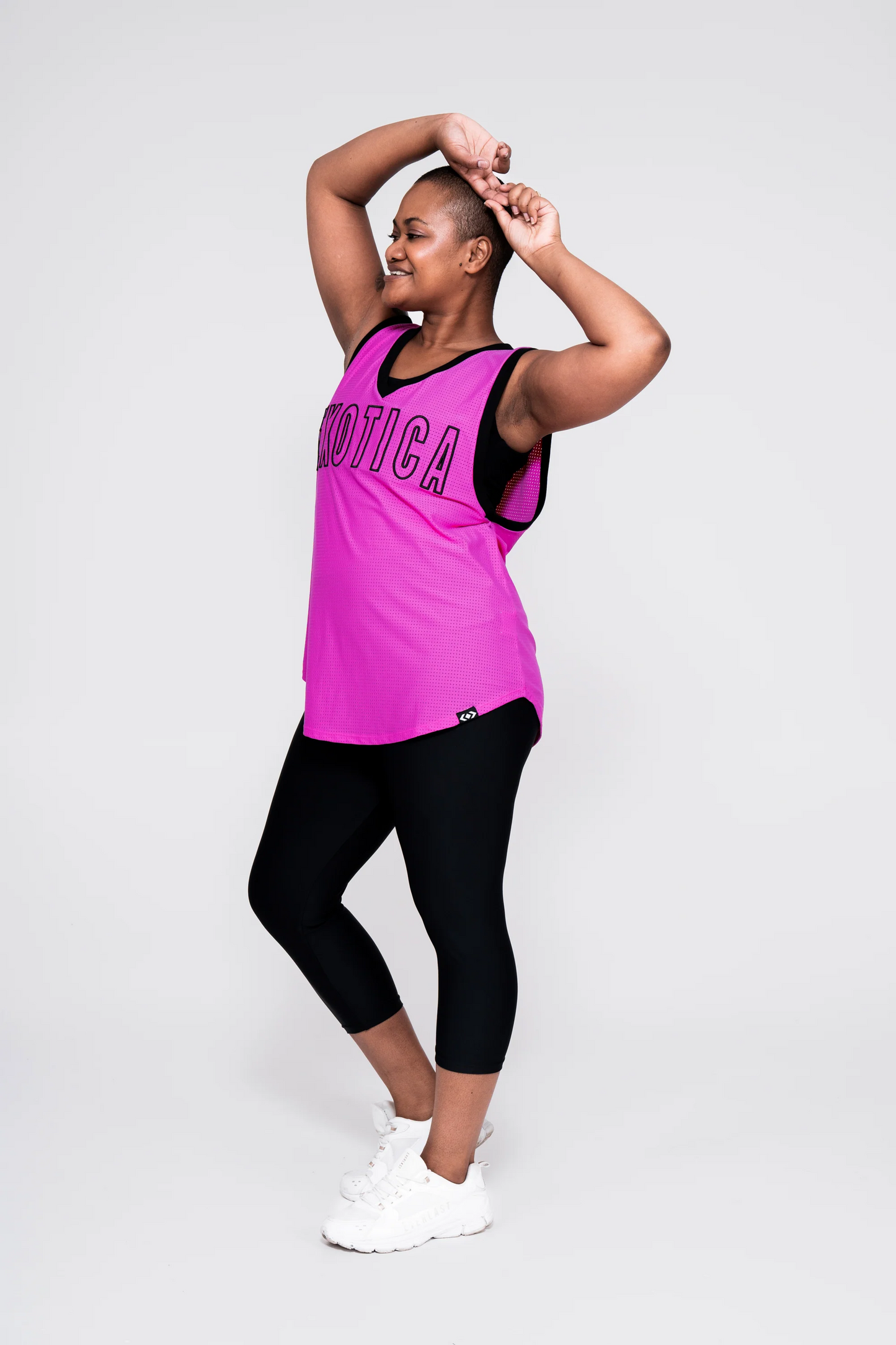 Pink Bball Mesh - Sleeveless V Neck Exotica Black Embroidered Boyfriend Tee