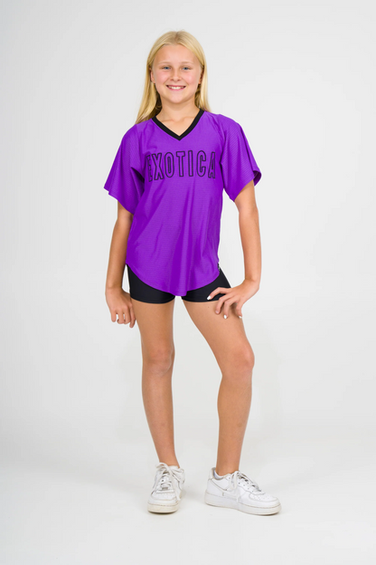 Purple Bball Mesh - Kids V Neck Exotica Black Embroidered Boyfriend Tee