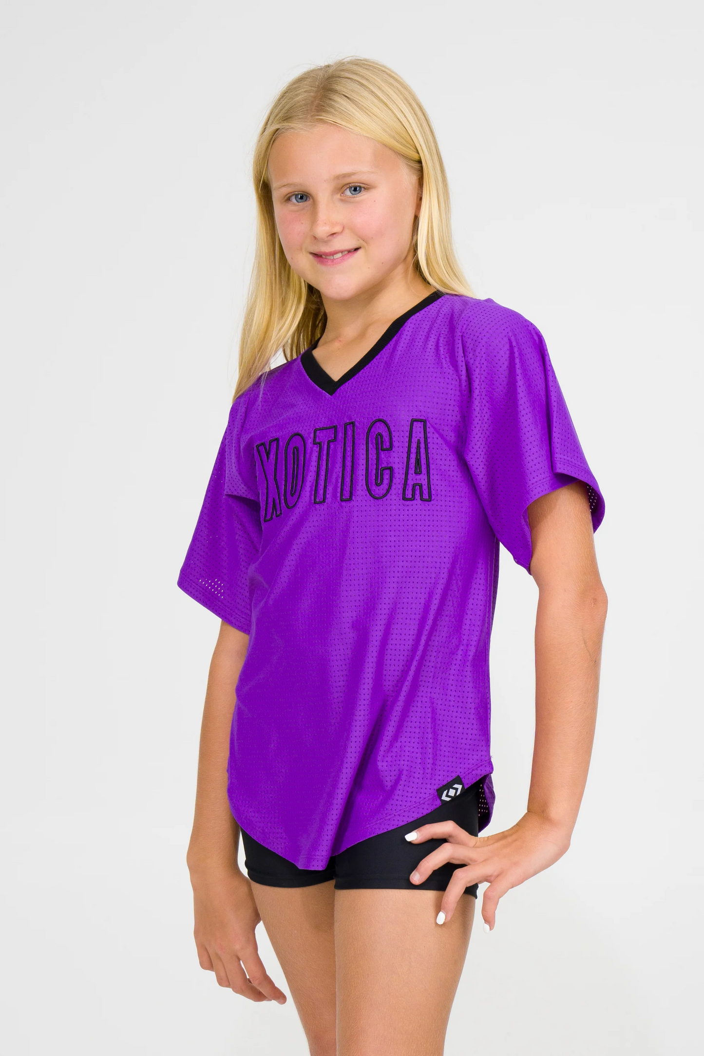 Purple Bball Mesh - Kids V Neck Exotica Black Embroidered Boyfriend Tee