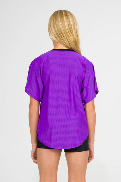 Purple Bball Mesh - Kids V Neck Exotica Black Embroidered Boyfriend Tee