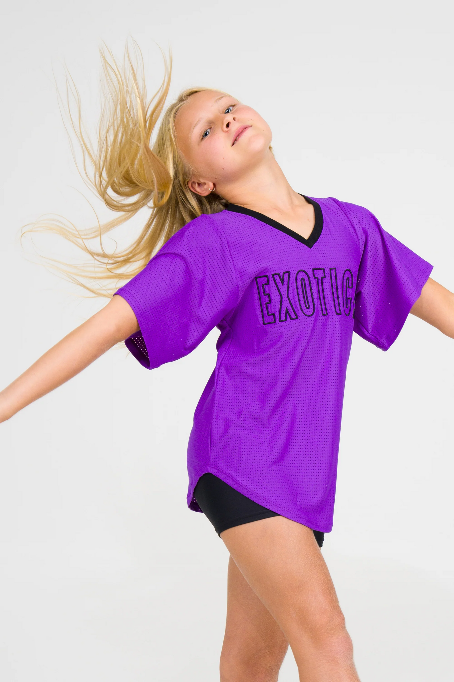 Purple Bball Mesh - Kids V Neck Exotica Black Embroidered Boyfriend Tee