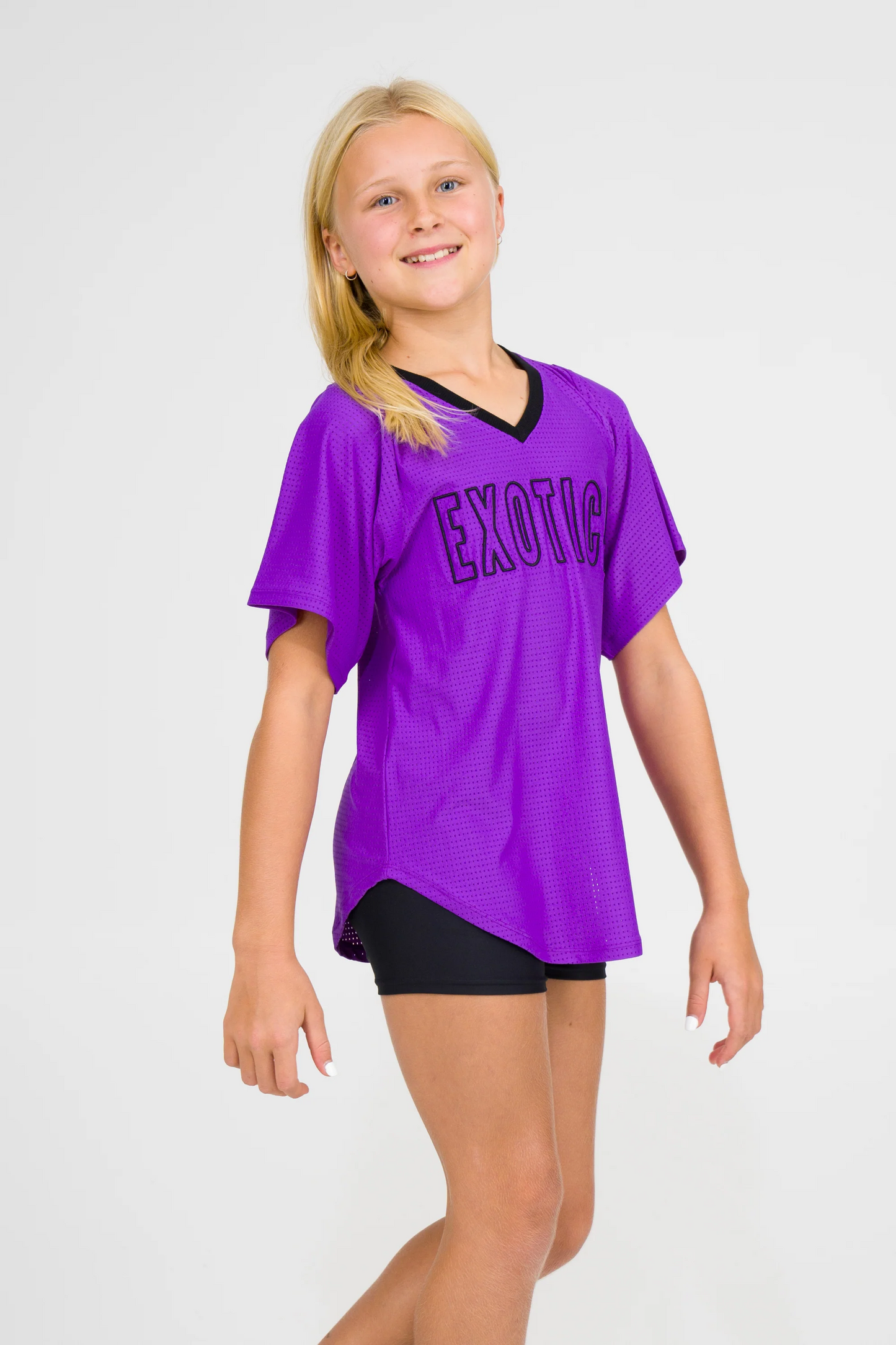 Purple Bball Mesh - Kids V Neck Exotica Black Embroidered Boyfriend Tee