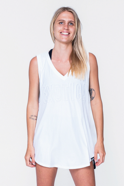 White Bball Mesh - Sleeveless V Neck Exotica White Embroidered Boyfriend Tee