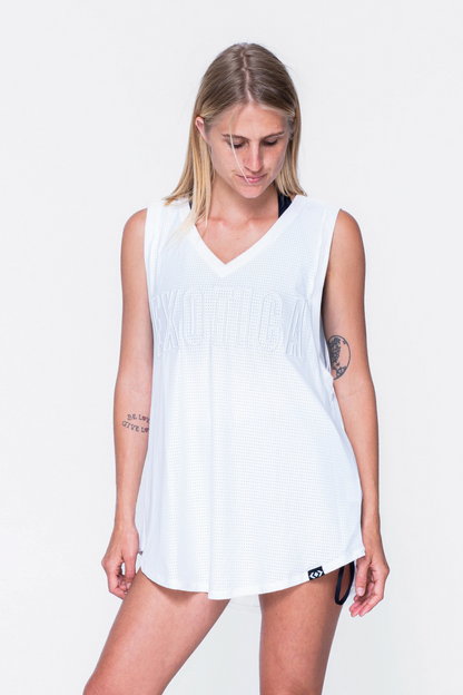 White Bball Mesh - Sleeveless V Neck Exotica White Embroidered Boyfriend Tee